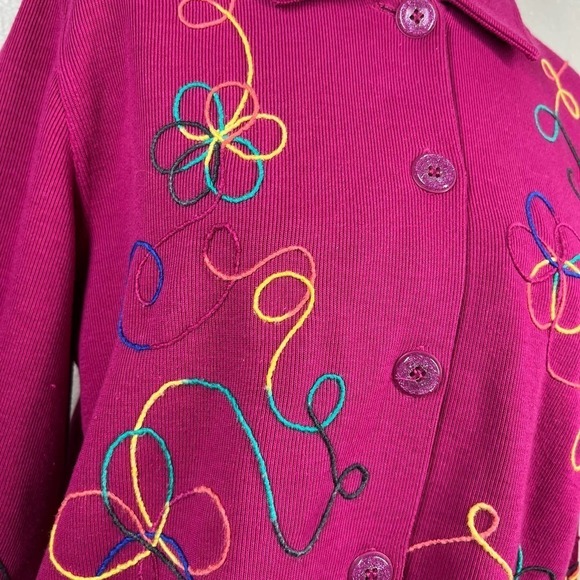 Vintage 80’s Koret Cardigan Fuchsia Rainbow Embroidery Petite Medium - Picture 6 of 12